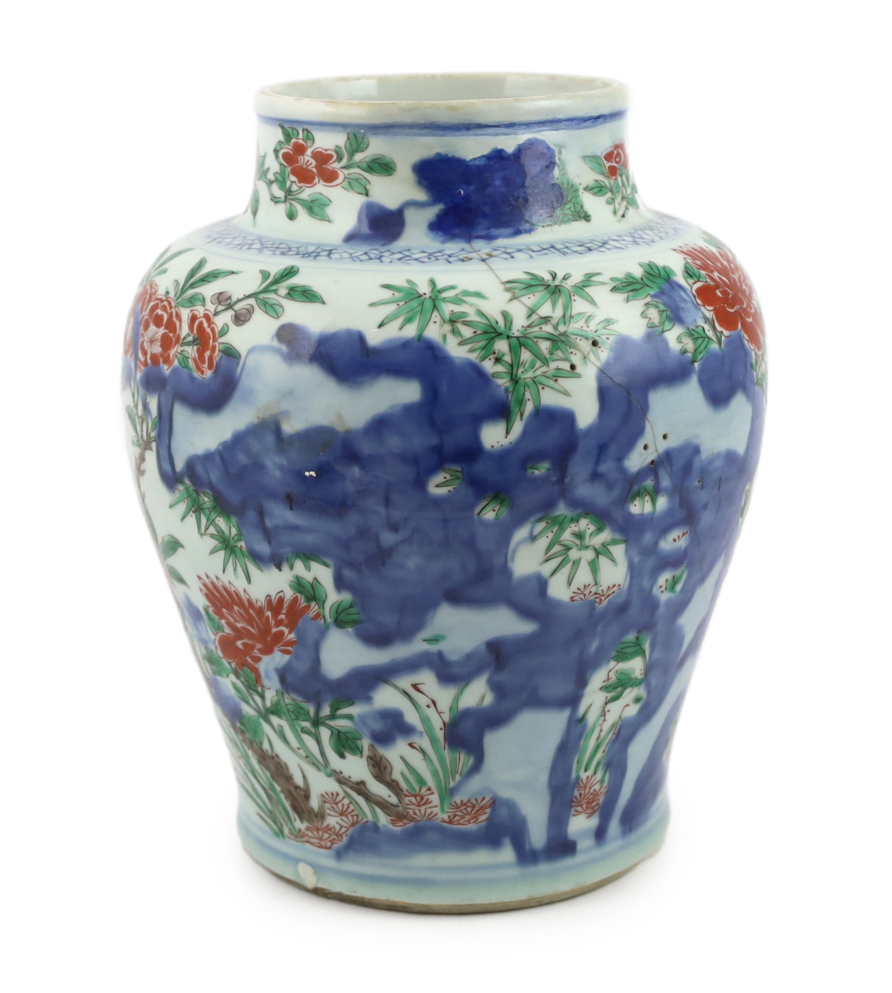 A Chinese wucai ‘rocks and blossom’ vase, Transitional, Shunzhi period, cracked and restoration to neck